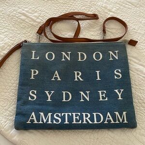 Forever 21 blue Jean wristlet crossbody bag London Paris Sydney Amsterdam